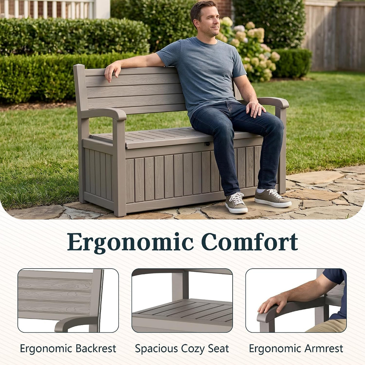 Outdoor Bench with Storage, Waterproof Garden Storage Bench, 100 Gallon Lockable Resin Deck Box, Weatherproof Bench Seating for Patio Yard Cushions Tools, Grey