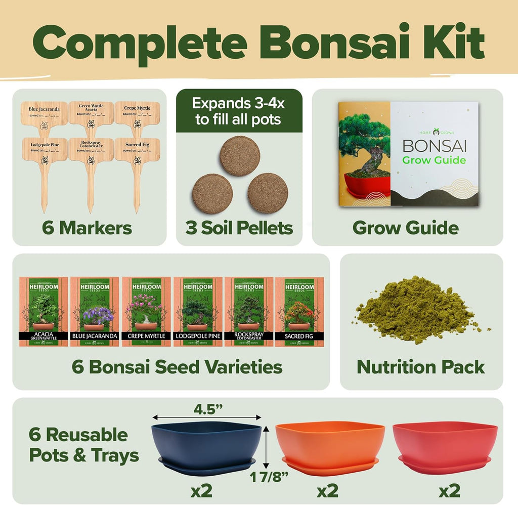 HOME GROWN 𝗨𝗦𝗔 Bonsai Tree Kit – 6 Heirloom Varieties with Unique Pots – DIY Bonsai Starter Kit for Adults & Beginners – Christmas Gift for Men Women Gardeners Plant Lovers – Indoor Growing Kit