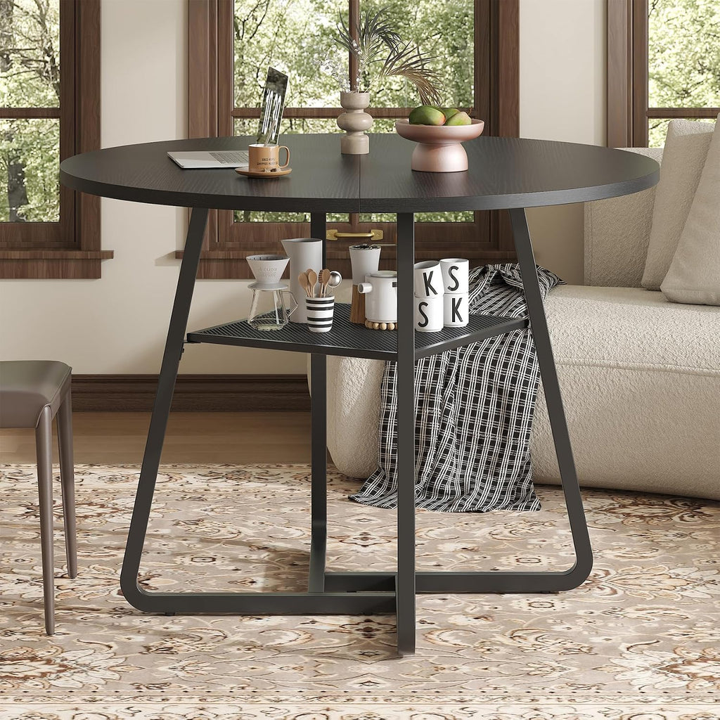 Bigbiglife 43.3" Dining Table for 4, Round Kitchen Table with Storage, Space Saving Circle Dinner Table, Farmhouse Kitchen & Dining Room Tables with Metal Legs for Dining Room (Black)