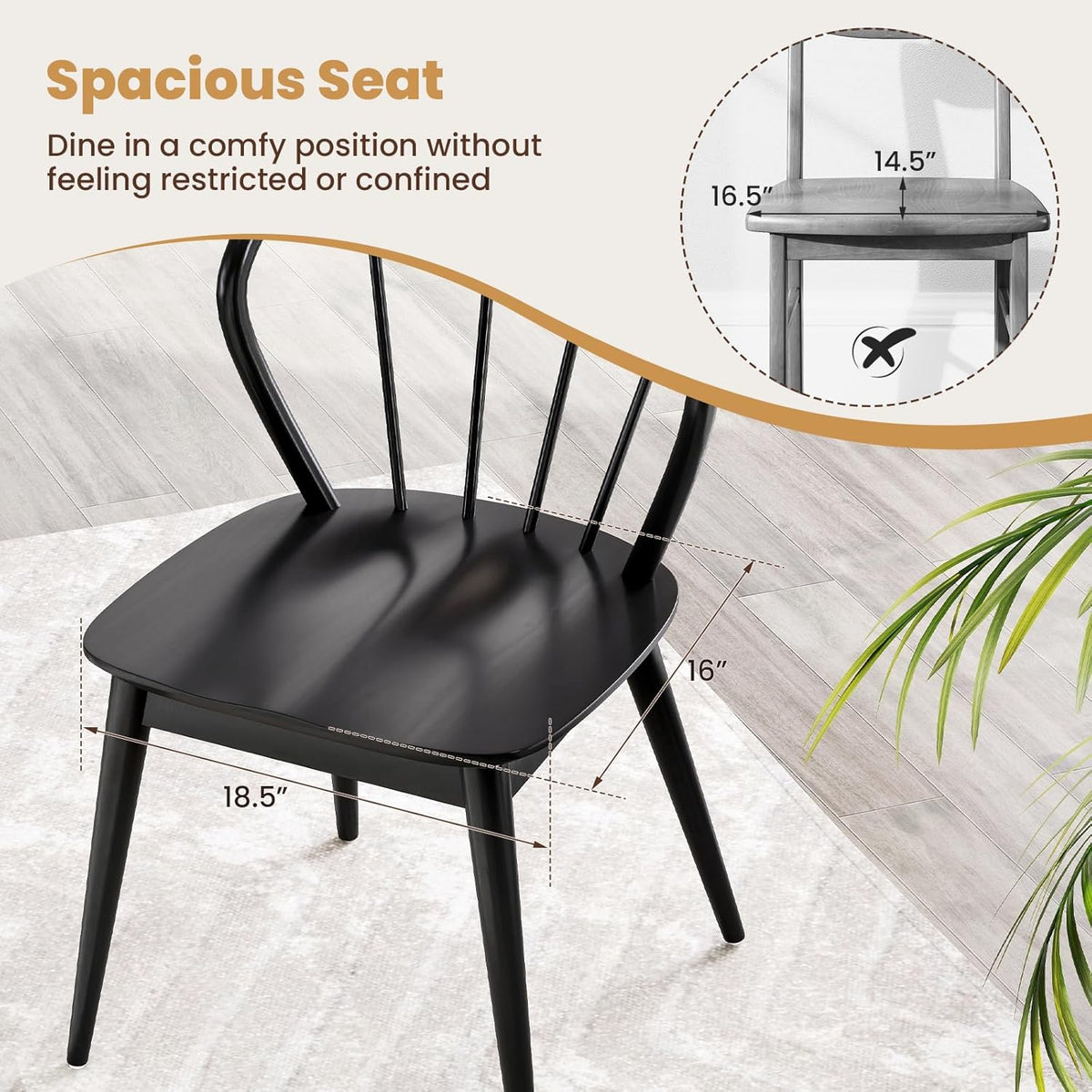 Giantex Wooden Dining Chairs Set of 2, Black Windsor Kitchen Chair w/High Spindle Back & Rubber Wood Legs, Wide Seat & Curved Backrest, Farmhouse Side Chairs, Armless Accent Chair for Home Restaurant