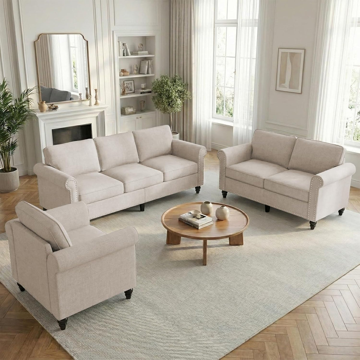 Mjkone 3 Pieces Living Room Sofa Set, Modern Sectional Sofa Couch and Loveseat & Armchair Set, Gourd Shape Wood Legs & Linen Fabric & Nailhead Trim Design Sofas Couches for Living Room, Beige