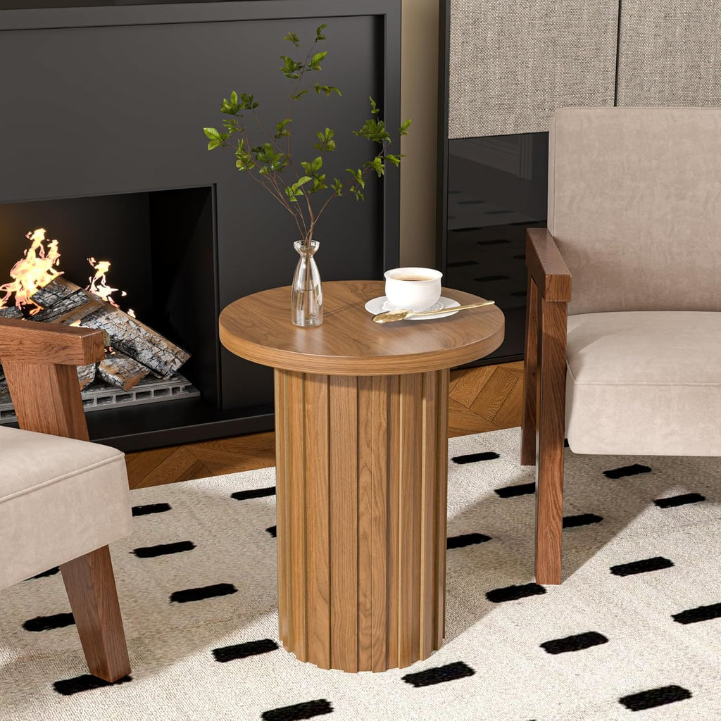 Fsbecl Farmhouse Pedestal End Table Round Side Table with Fluted Panel Rustic Drink Table for Small Space Living Room (Walnut)