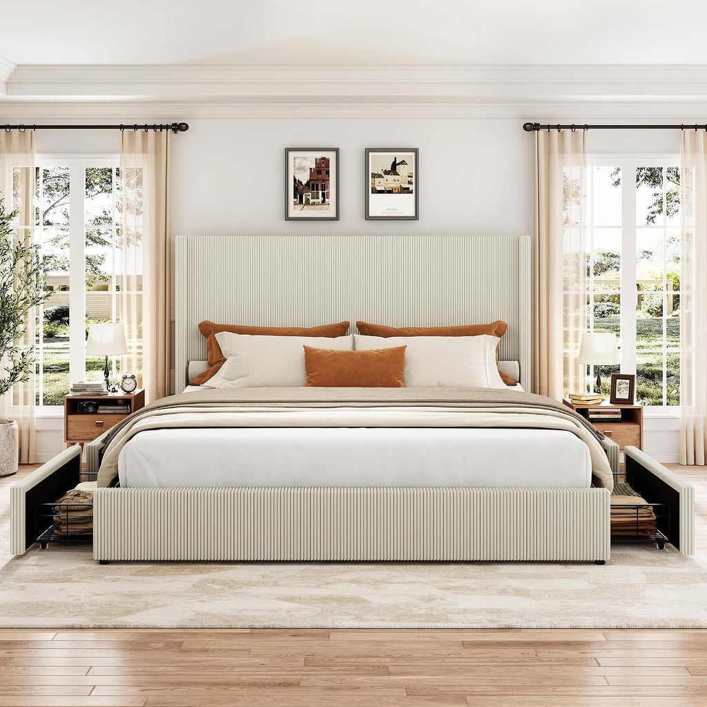 GarveeHome King Beige Storage Bed Frame, Corduroy Upholstered Platform Bedframe with 4 Drawers and Headboard, No Box Spring Needed, Easy Assembly