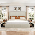 GarveeHome King Beige Storage Bed Frame, Corduroy Upholstered Platform Bedframe with 4 Drawers and Headboard, No Box Spring Needed, Easy Assembly