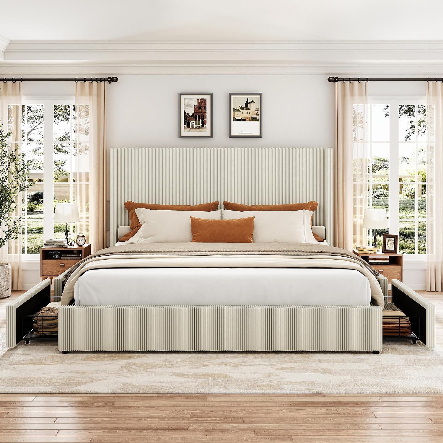 GarveeHome King Beige Storage Bed Frame, Corduroy Upholstered Platform Bedframe with 4 Drawers and Headboard, No Box Spring Needed, Easy Assembly