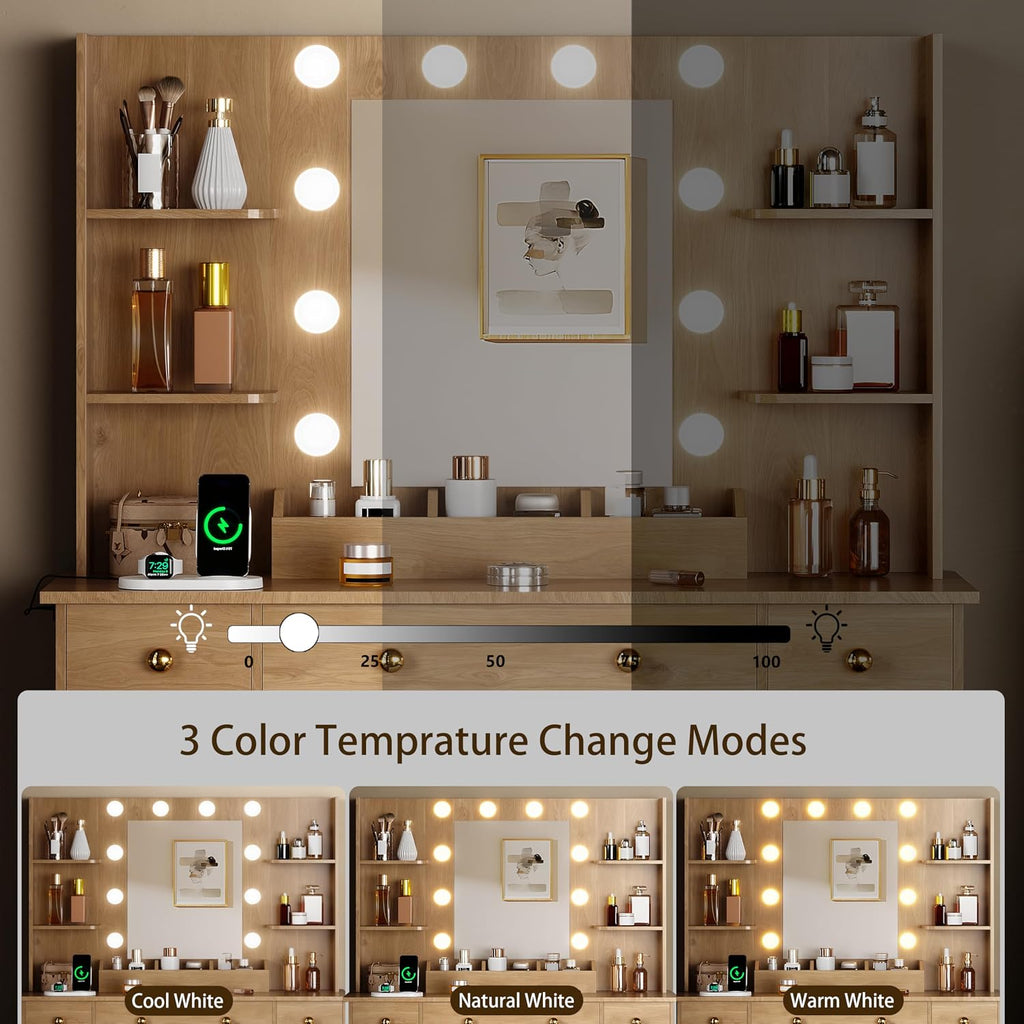 HUANLEGO Vanity Desk with Mirror and LED Lights & Strips for Girls, Oak