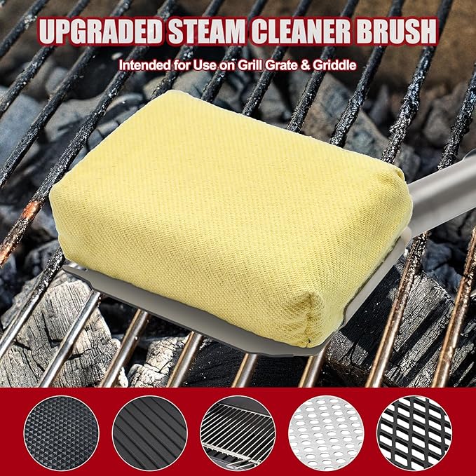 Steam Grill Brush-Grill Brush Bristle Free,Reinforced Grill Cleaner Scraper, Aramid Fiber Twill Pads,Replaceable Head Barbecue Grill Cleaner Brush,Heat-Resistant Twill Pads & Steam Cleaning Tool
