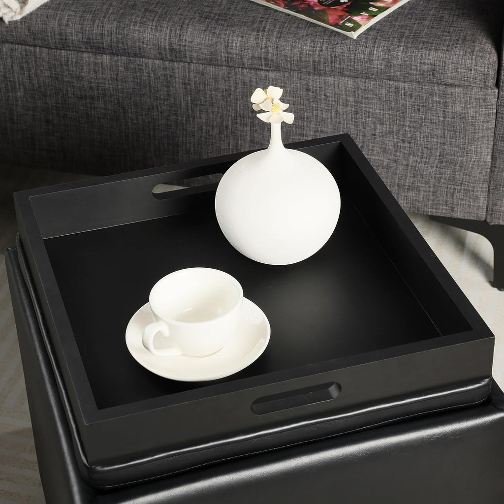 Adeco 17" Black Storage Ottoman Cube with Tray Lid, Small Footstool with Storage, Square End Table for Living Room & Bedroom