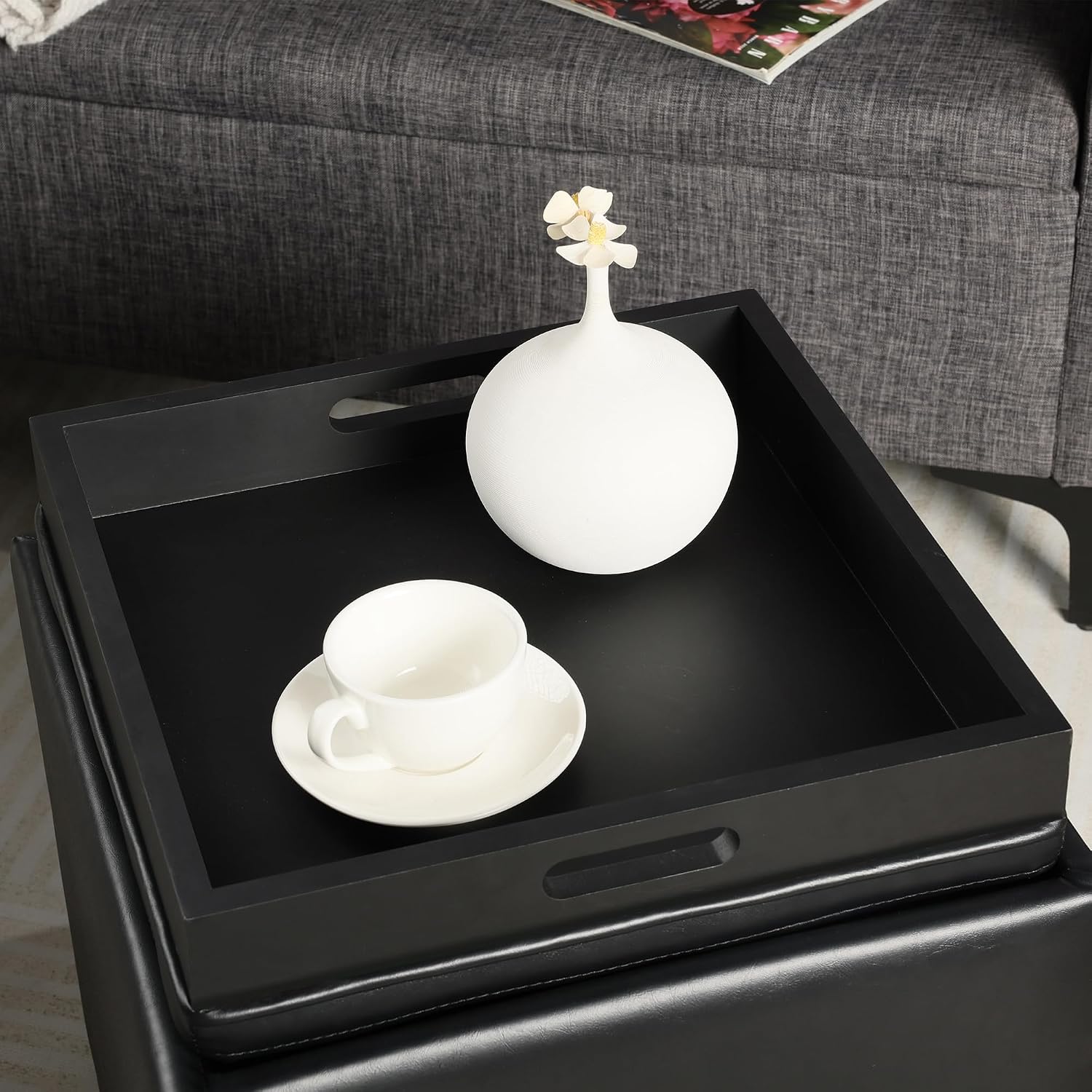 Adeco 17" Black Storage Ottoman Cube with Tray Lid, Small Footstool with Storage, Square End Table for Living Room & Bedroom