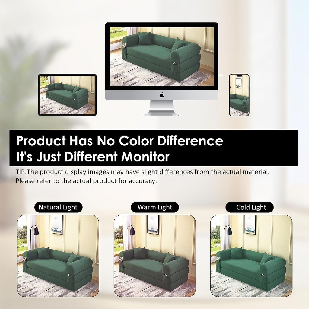 80" Cloud Sleeper Sofa Bed Pull Out Couch, Corduroy Sofa with Side Storage Pocket, Convertible Compression Sofa with Pillows for Living Room Bedroom, Light Green