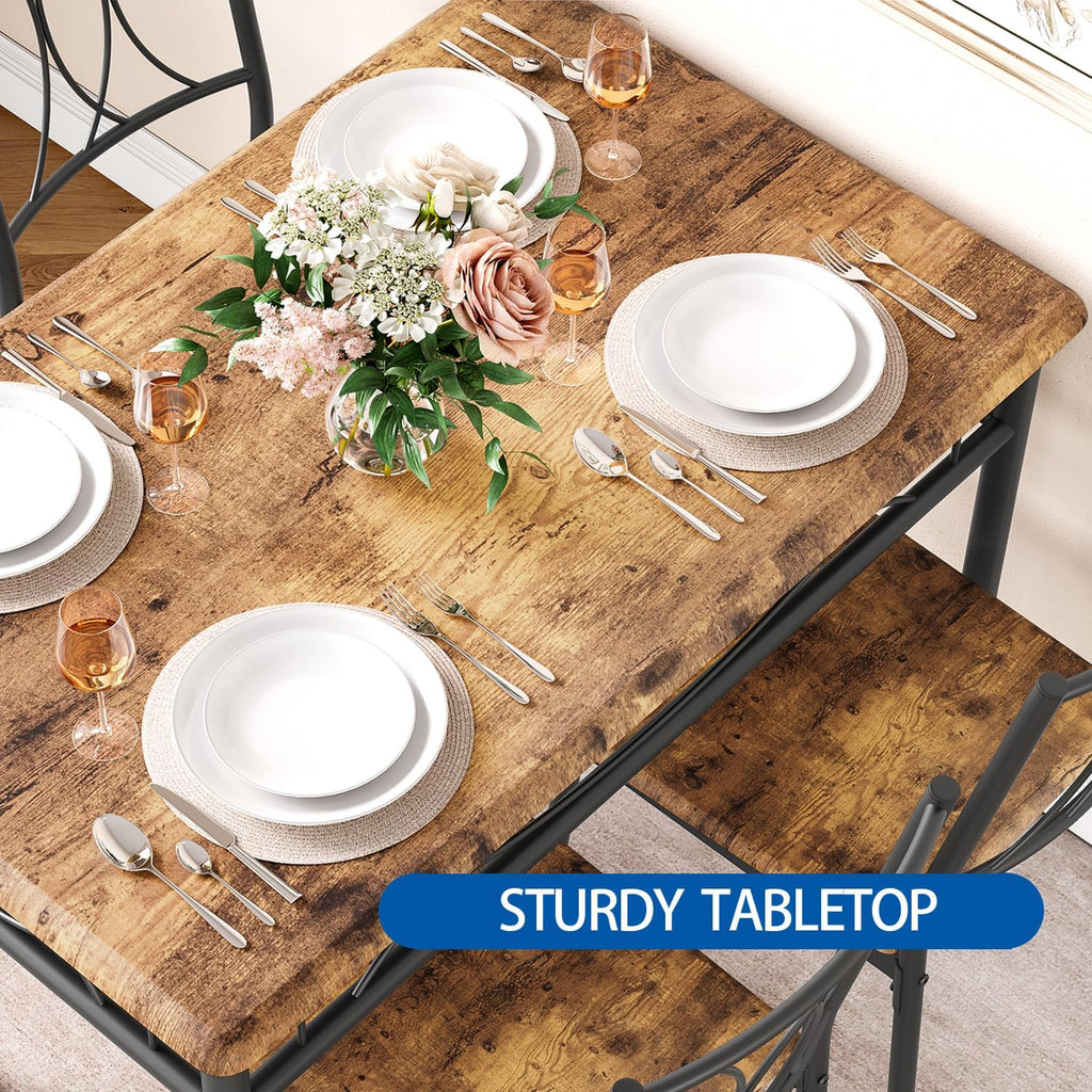 GarveeHome Dining Table Set for 4, Rectangle Compact Dining Table and Chairs Set, Small Kitchen Table Set with 4 Wood Chairs for Apartment, Rustic Brown