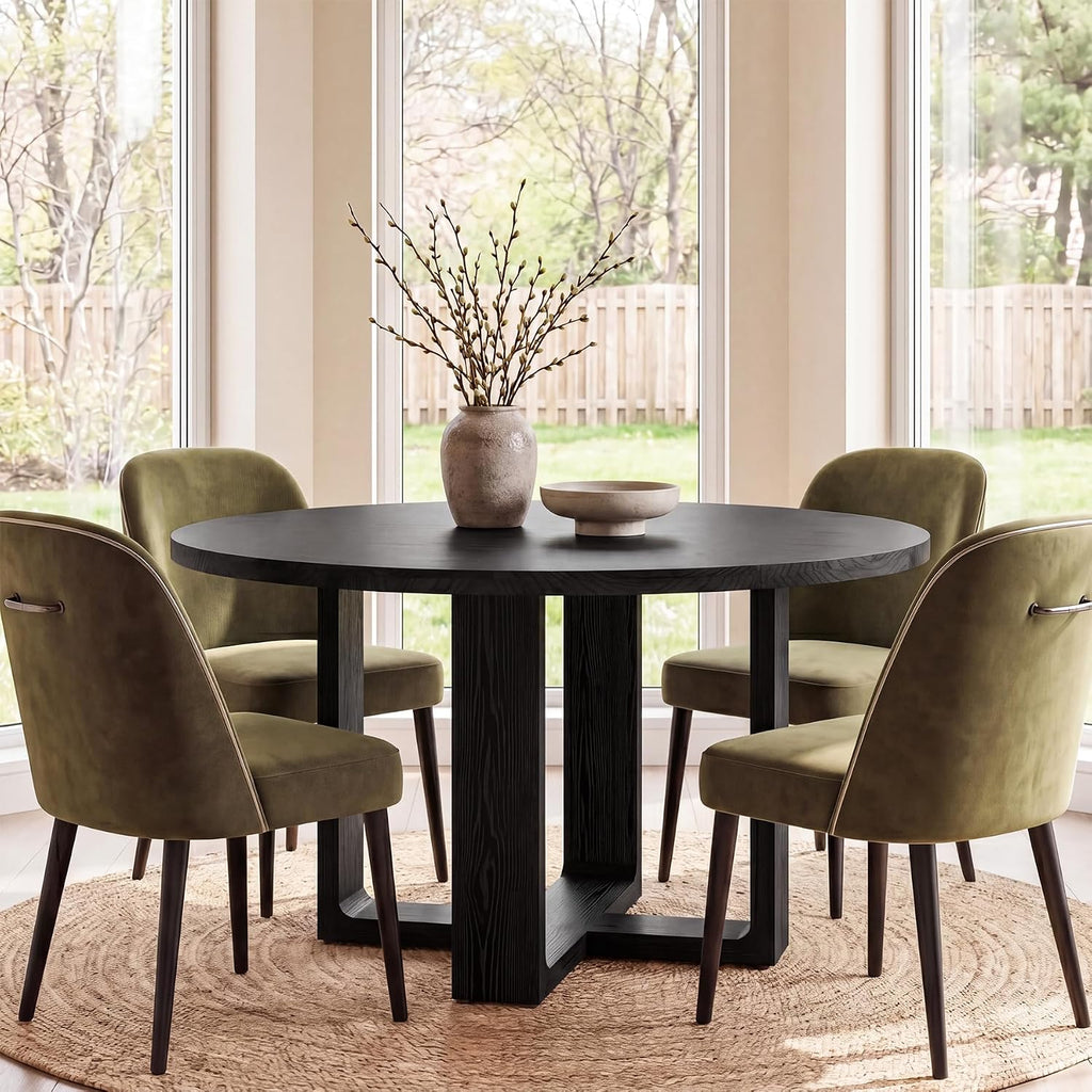 47.24" Black Round Dining Table for 4–6 People, Solid Wood Kitchen Table with 1.18" Thick Wooden Tabletop & Stable Cross-Shaped Base for Dining Room, Pure Black