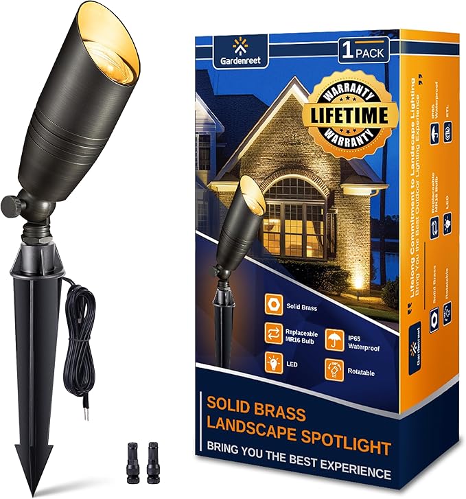 Landscape Spotlights Low Voltage - Brass 12V Outdoor Uplight LED, Wired Spot Lights IP65 Waterproof, Adjustable Focus Bronze for Exterior Garden Yard Tree House Without MR16 Bulb