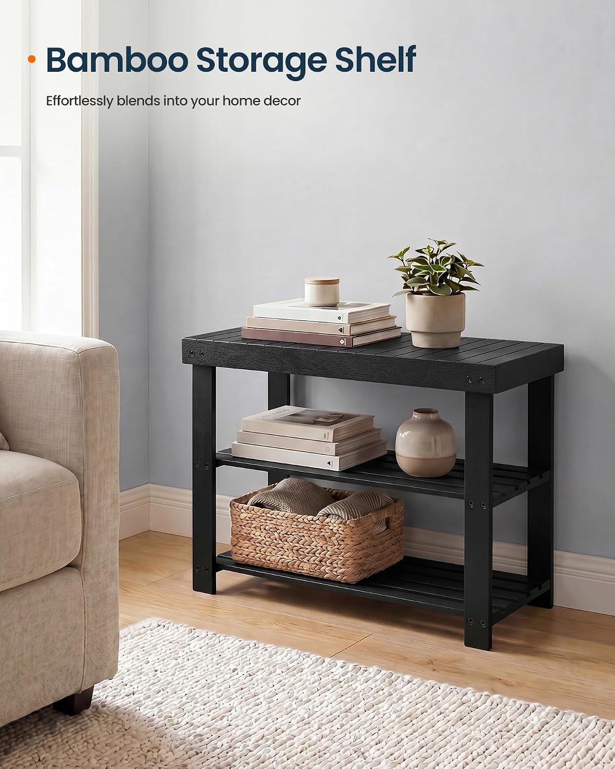 SONGMICS HOME 3-Tier Bamboo Shoe Bench, Shoe Rack, for Entryway Bathroom Bedroom, 11.5 x 27.8 x 18 Inches, Black
