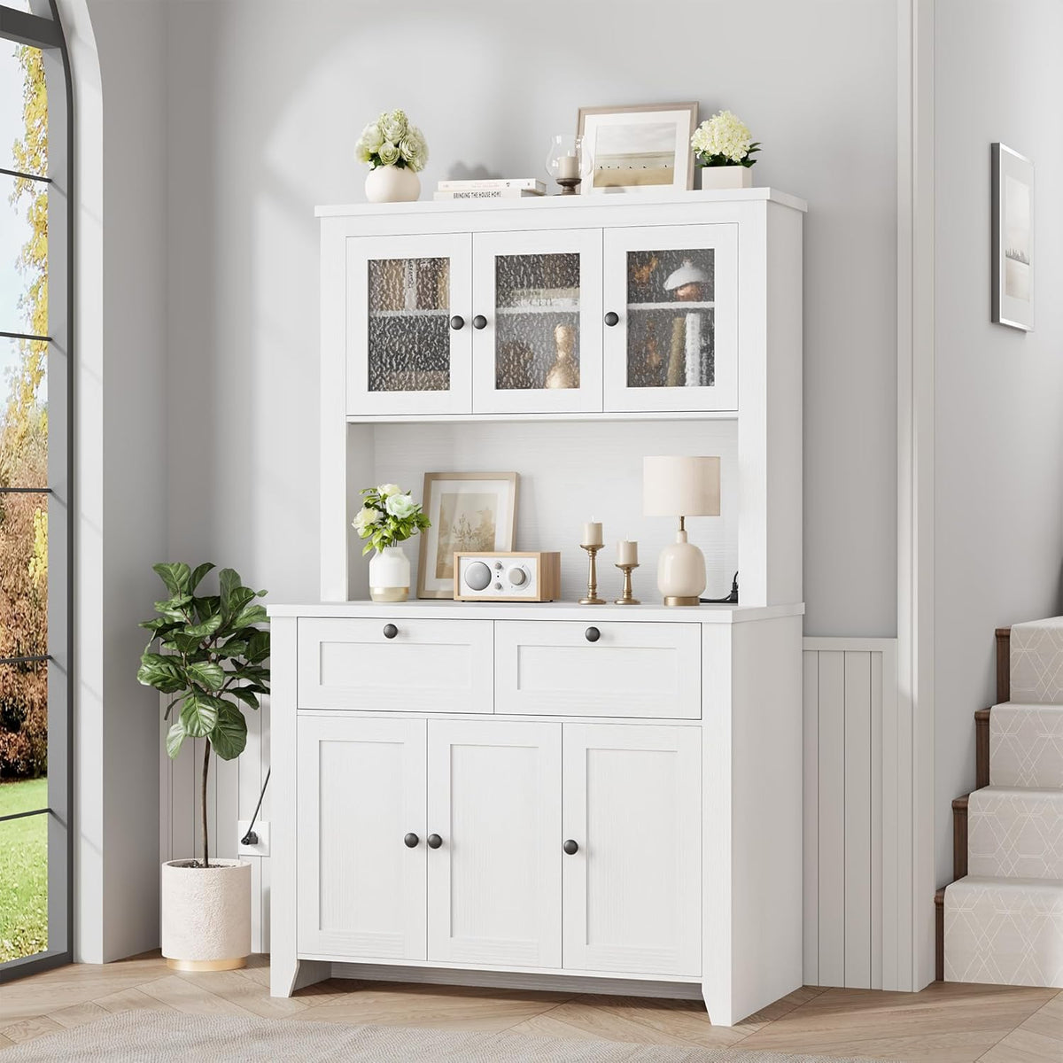 GarveeHome 66" Tall Pantry Cabinet with Power Outlet & LED Light, Kitchen Pantry Storage Cabinets with Countertop, Large Kitchen Hutch with Storage Drawers & Water Ripple Acrylic Panel Cabinet Door