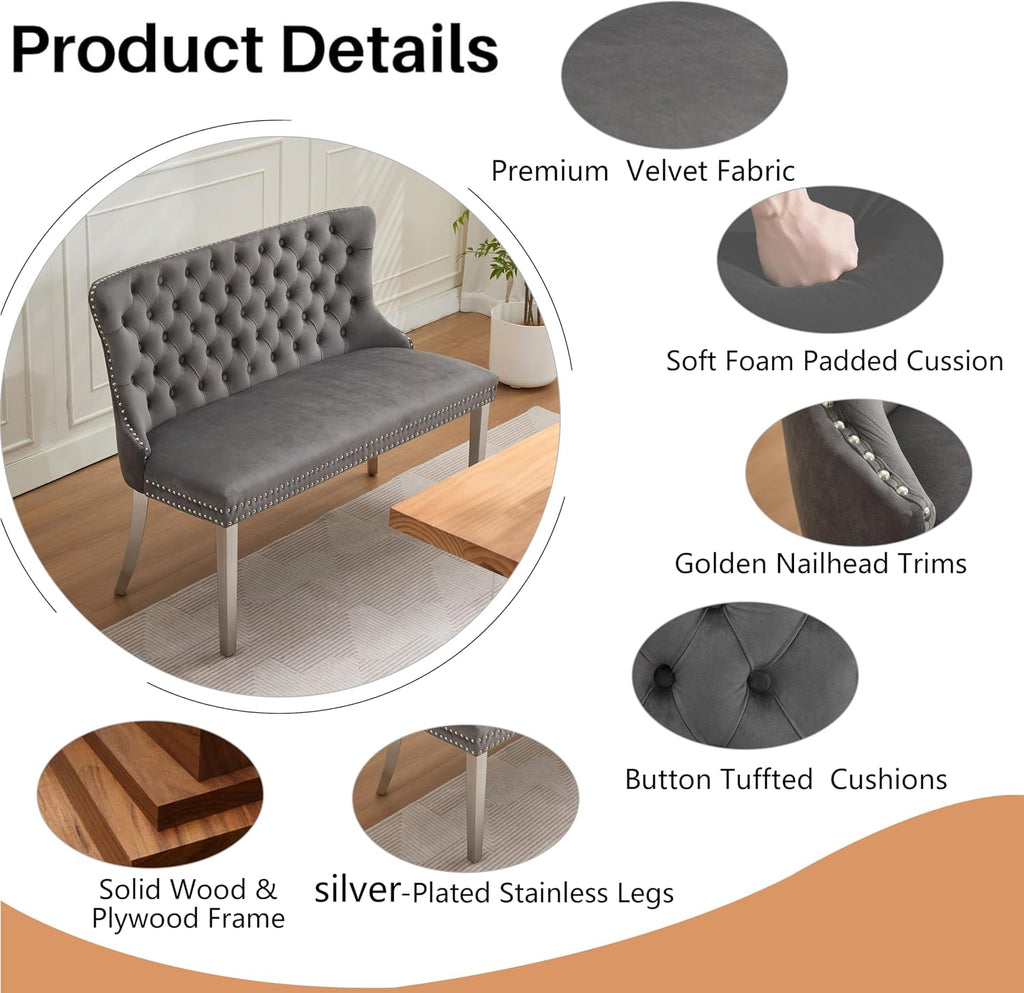 Upholstered Dining Bench with Back Tufted Settee Benches Small Loveseat Sofa Couch for Small Spaces,Entryway,Banquettee Seating Sofa Benches with Backrest (Grey+Silver Legs, Dining Bench)