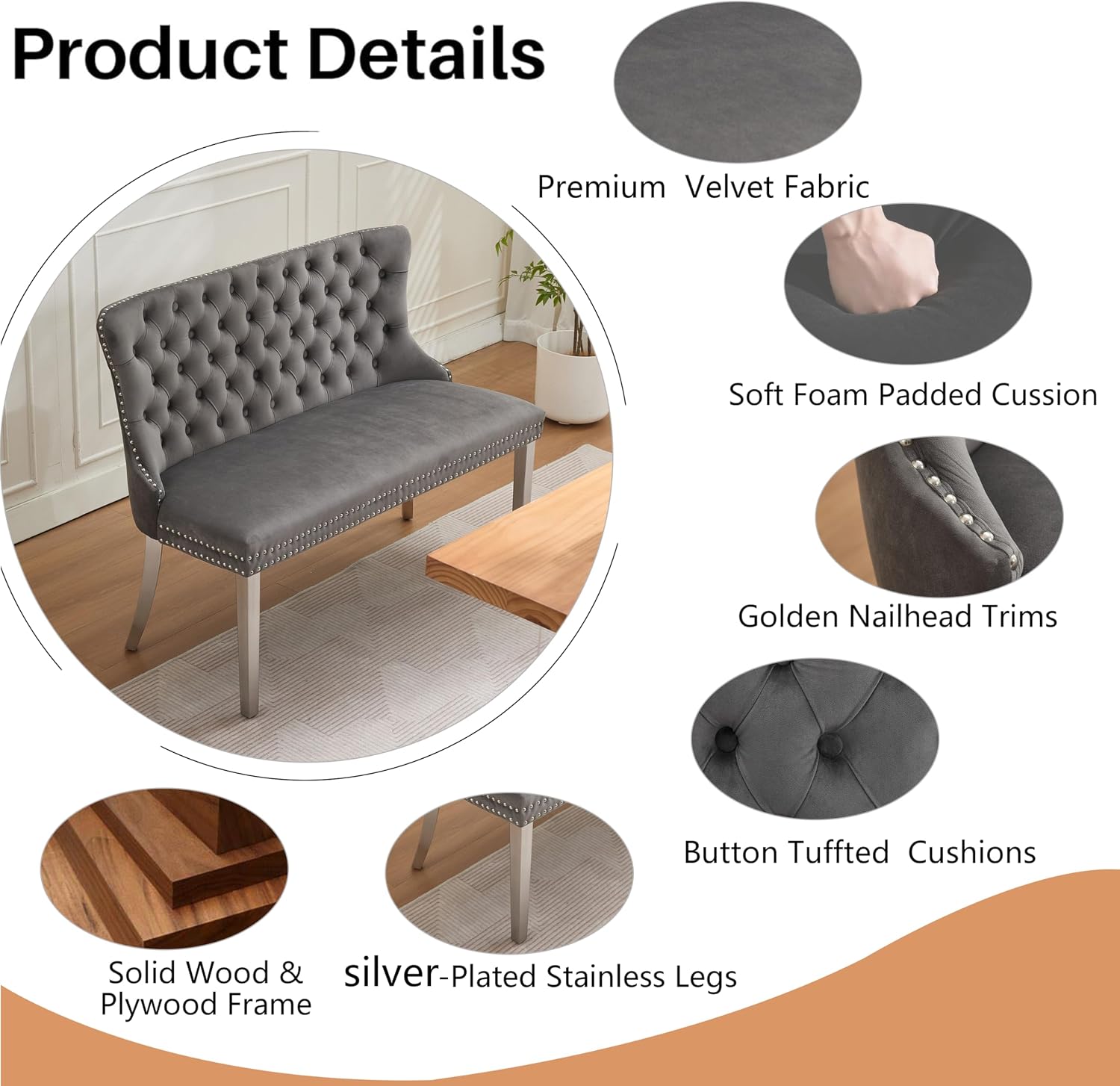 Upholstered Dining Bench with Back Tufted Settee Benches Small Loveseat Sofa Couch for Small Spaces,Entryway,Banquettee Seating Sofa Benches with Backrest (Grey+Silver Legs, Dining Bench)