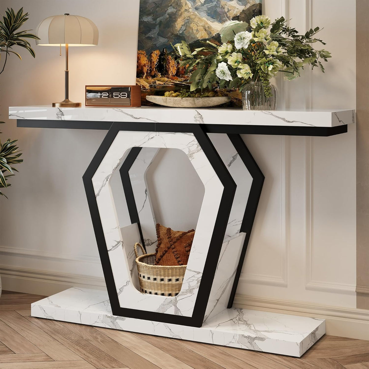 FUSUNBAO 47.3" Console Table,Openwork Bracket Sofa Table, Wood Narrow Entryway Table for Hallway, Behind The Couch, Living Room, Foyer, Easy Assembly（White Marble Texture）