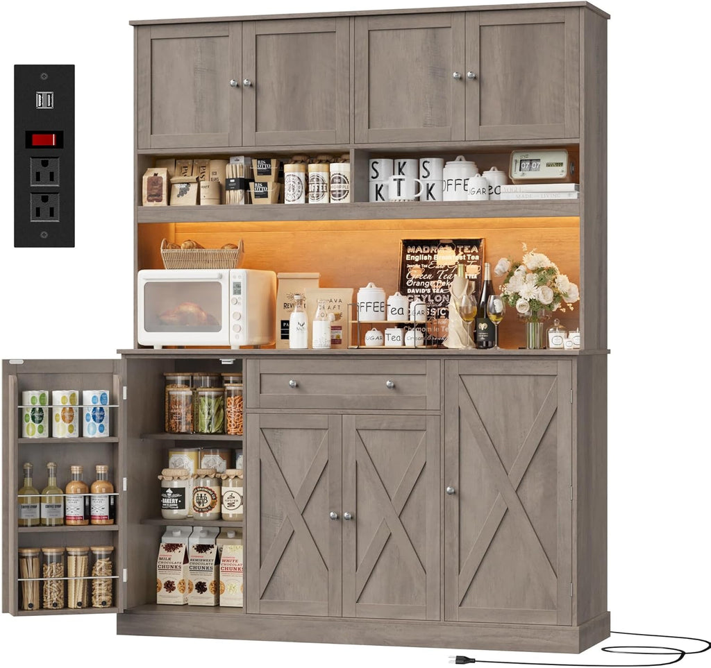 HIFIT 72.8” Tall Kitchen Pantry Cabinet with LED & Charging Station, 55” Wide Farmhouse Pantry Cabinet with Microwave Stand&Shelves&Swing-Out Door, Kitchen Hutch Coffee Bar for Living Room, Grey