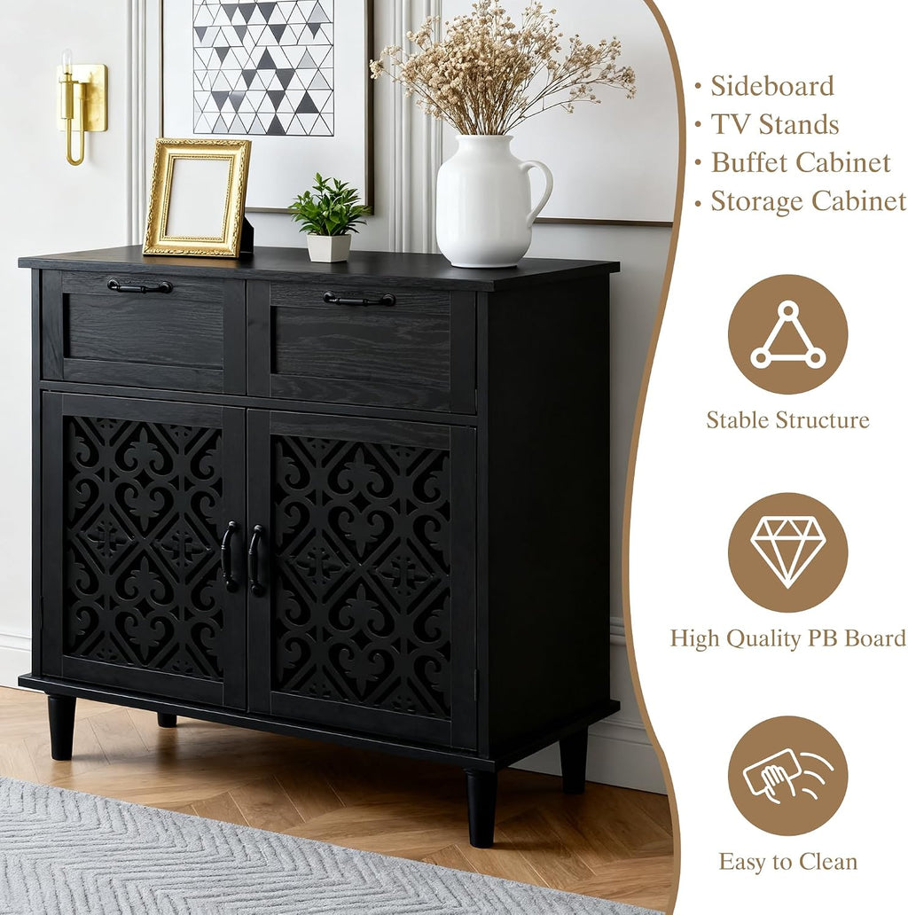 Sideboard Cabinet with 2 Doors & 2 Drawers - Adjustable Storage Console Table for Living Room, Bathroom - Modern Farmhouse Storage Cabinet with Black Handles