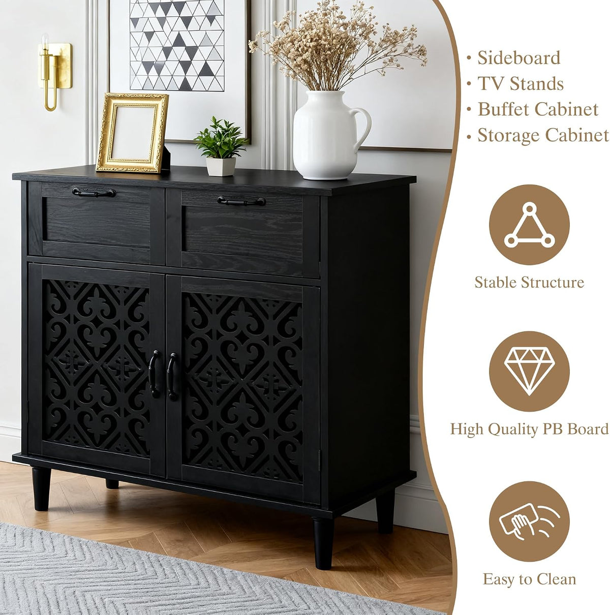 Sideboard Cabinet with 2 Doors & 2 Drawers - Adjustable Storage Console Table for Living Room, Bathroom - Modern Farmhouse Storage Cabinet with Black Handles