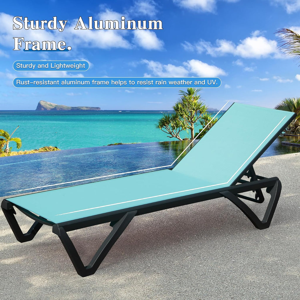 Domi Aluminum Pool Lounge Chair Outdoor Set of 2 Chaise Lounge Outdoor | Side Table, Wheels, Adjustable, Textilene, Turquoise Blue, All Weather, Poolside, Backyard, Patio, Deck, Outside