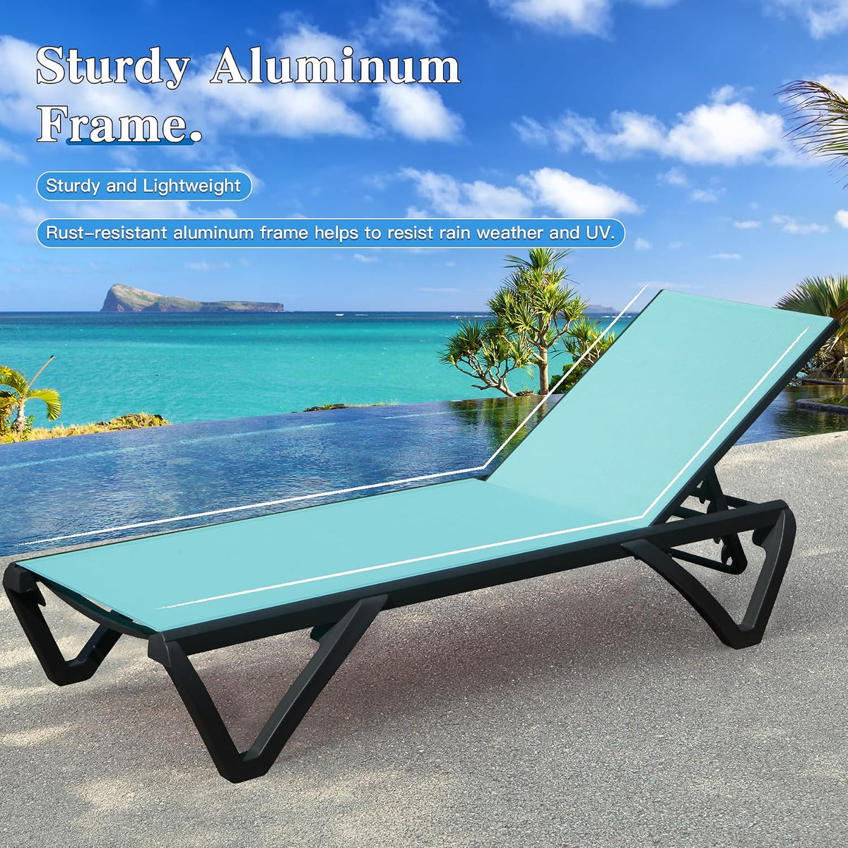Domi Aluminum Pool Lounge Chair Outdoor Set of 2 Chaise Lounge Outdoor | Side Table, Wheels, Adjustable, Textilene, Turquoise Blue, All Weather, Poolside, Backyard, Patio, Deck, Outside