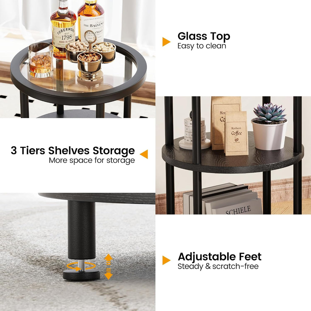 Homeiju Glass Side Table, 3-Tier Glass End Table with Adjustable Feet, Bedside Table for Small Space for Living Room, Balcony, Bedroom, Black