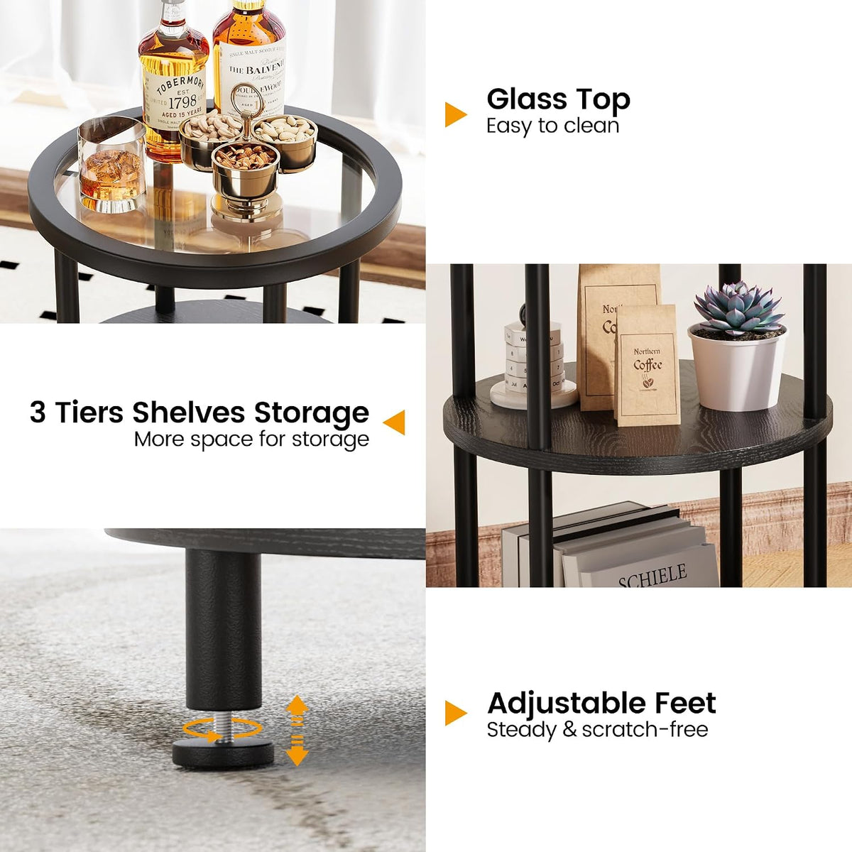 Homeiju Glass Side Table, 3-Tier Glass End Table with Adjustable Feet, Bedside Table for Small Space for Living Room, Balcony, Bedroom, Black