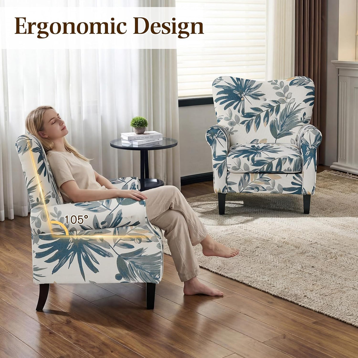 YOLENY Modern Accent Chair,High Back Armchair,Upholstered Fabric Button Single Sofa with Wooden Legs for Living Room,Bedroom,Blue Leaves