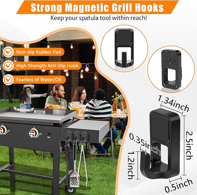 6pcs Magnetic Grease Gate Set, Griddle Spatula Holder and Magnetic Hooks Combo, Stainless Steel Flat Top Griddle Accessories Kit, Grill Tool Holder