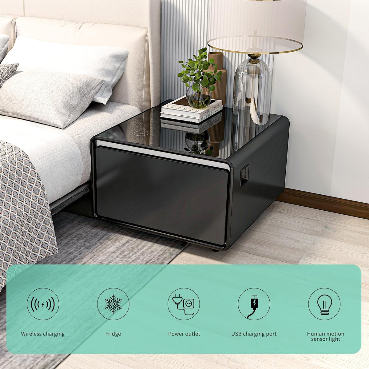 LUMISOL Smart Side Table with Built-in Fridge, Wireless Charging, Temperature Control, Power Socket, USB Ports, Outlet Protection, Induction Light, Black
