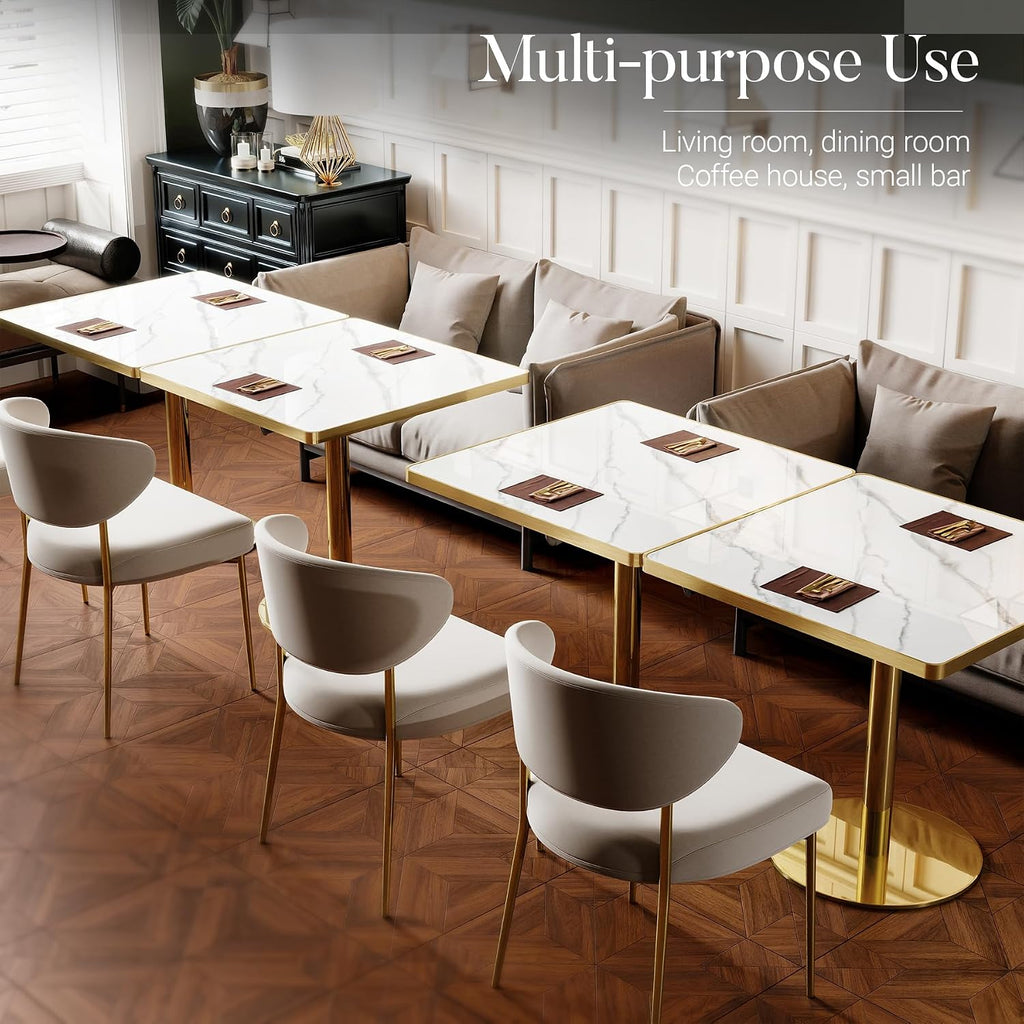 31.5" Square Dining Table, Square Restaurant Table with 1.2" Thick Sintered Stone Tabletop and Golden Metal Pedestal Base, Bistro Table for Diner, Bar, kitchen, Bakery, Apartment (Marble White)
