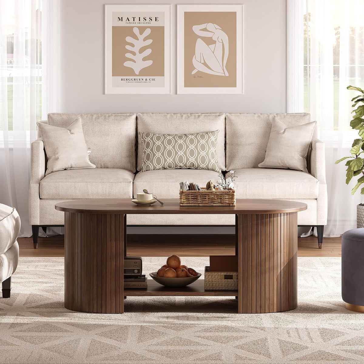 42" Oval Fluted Coffee Table, 2-Tier Center Table with Large Storage, Mid-Century Modern Wood Coffee Table for Living Room, Home Office, Small Space, Walnut