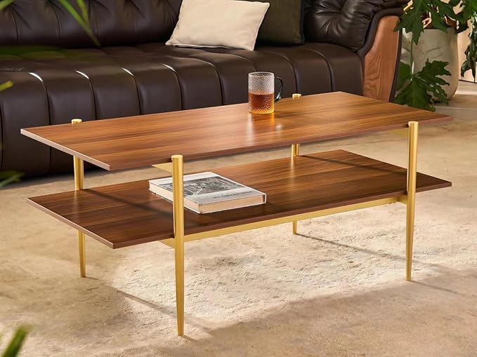 Shrine Rectangle Coffee Table, Mid-Century Modern Design, Two-Tier Walnut MDF Table, 41" D x 21" W x 17" H, Sleek Conical Metal Legs with Gold Finish