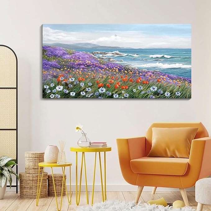 YDYSUNE Coastal Wall Art Ocean Picture for Living Room Blue Modern Home Bedroom Decoration Coast Beach Flower Painting Seascape Framed Artwork Decor 24×48IN