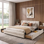 KEIKI Thick Chenille King Bed Frame with 4 Storage Drawer & Upholstered Tufted Cushioned Headboard, Modern Solid Wood Floor Platform Cloud Bed Frame for Bedroom, No Box Spring Needed, Beige