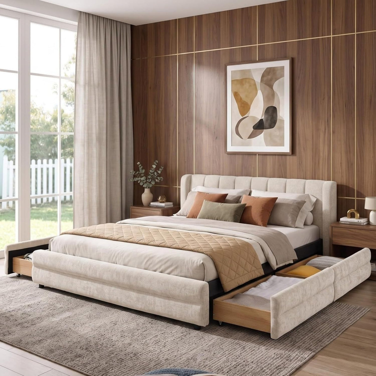 KEIKI Thick Chenille King Bed Frame with 4 Storage Drawer & Upholstered Tufted Cushioned Headboard, Modern Solid Wood Floor Platform Cloud Bed Frame for Bedroom, No Box Spring Needed, Beige