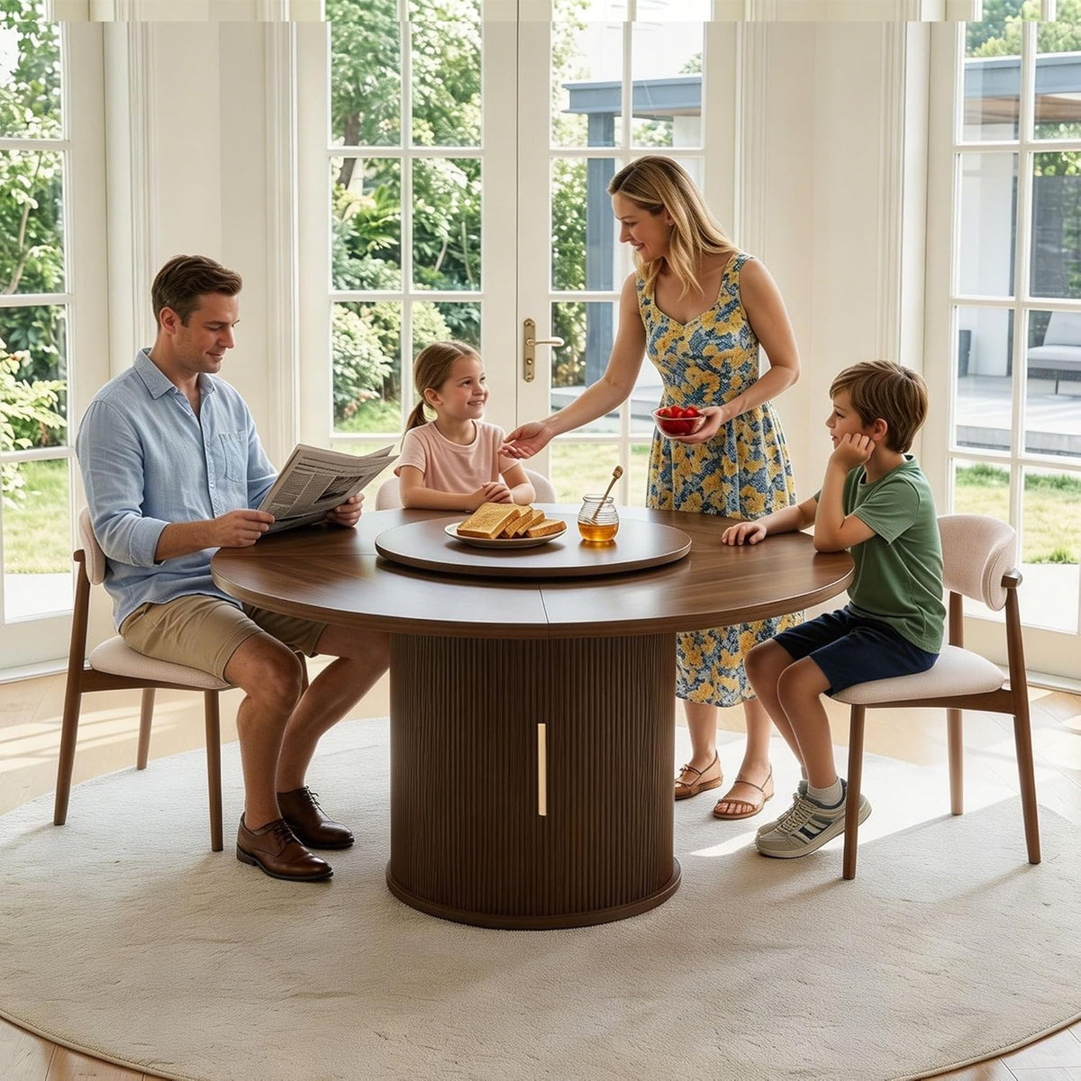 55.1 Inch Round Dining Table for 4-6, Modern Kitchen Table with Storage, Circle Dining Room Table with Wooden Pedestal Base for Living Room, Dining Room & Kitchen, Walnut