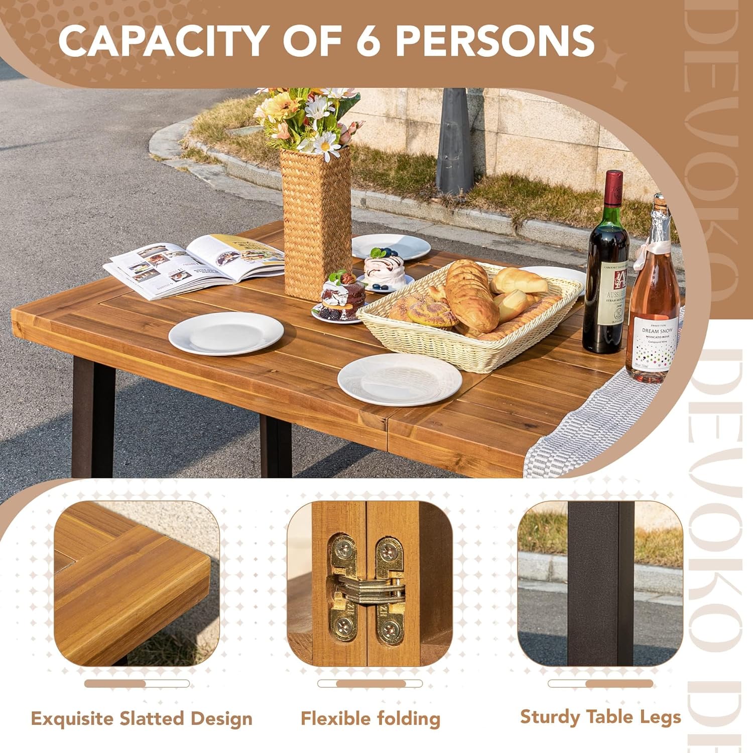 Devoko 6 Person Acacia Wood Dining Table for Kitchen,Natural | Farmhouse Kitchen Table for 6 for Indoor Outdoor Mesa De Comedor