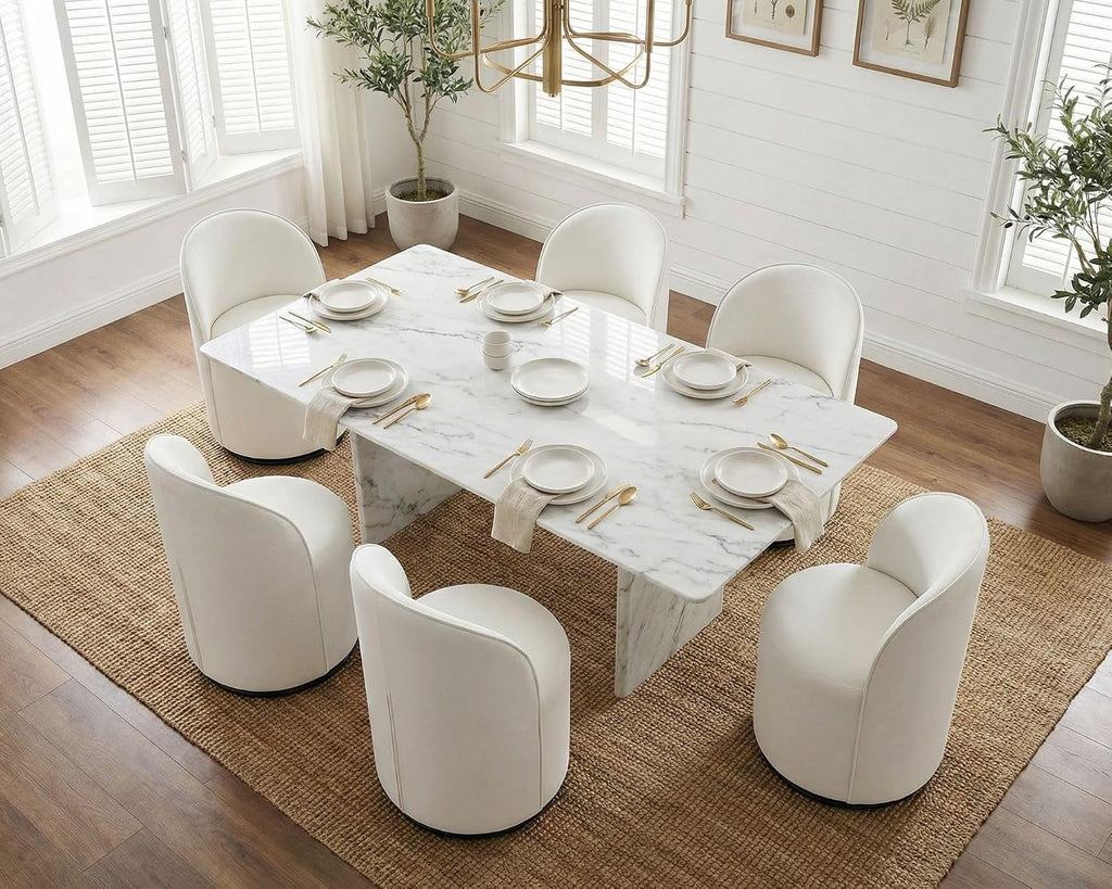HNY Upholstered Swivel Dining Chairs Set of 6, Mid Century Modern Kitchen Round Velvet Dining Room Chairs, Barrel Comfy Armless Accent Makeup Vanity Side Chairs for Living Room, White