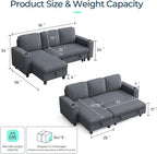 LINSY HOME Sectional Couches for Living Room, 81" L Shape 3 Seats, Grey | Sleeper sofa with pull out couch bed, corduroy couch with storage