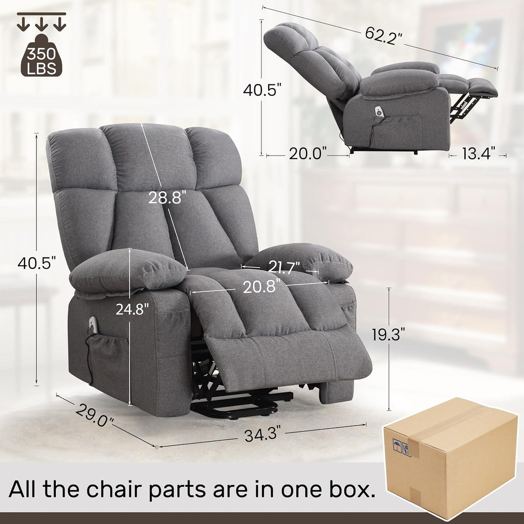 jonpony Power Lift Recliner Chair for Elderly, Big and Tall Lift Chair with Massage and Heat for Living Room, Fabric Electric Recliner Chairs with 4 Side Pockets, USB Charge Port, Grey