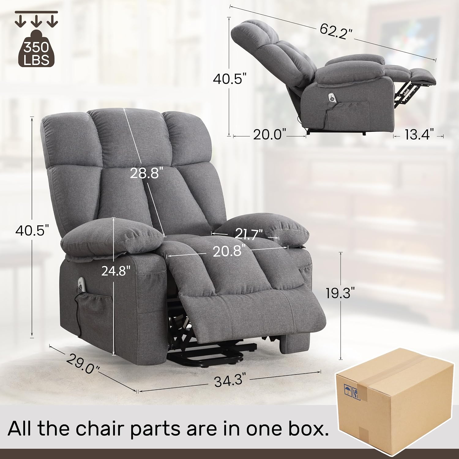 jonpony Power Lift Recliner Chair for Elderly, Big and Tall Lift Chair with Massage and Heat for Living Room, Fabric Electric Recliner Chairs with 4 Side Pockets, USB Charge Port, Grey