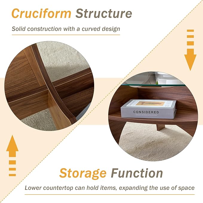41" Oval Glass Coffee Table with Tempered Glass Top and MDF Base, Diagonal Fan-Shaped Tray Design Table Leg Simple & Modern Center Table for Living Room Office Apartment Walnut