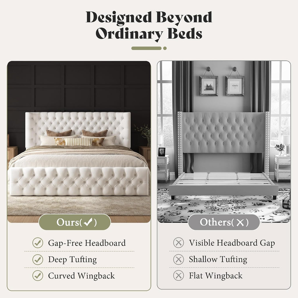 AMERLIFE Upholstered Queen Bed Frame with Wingback Headboard, Cream Velvet