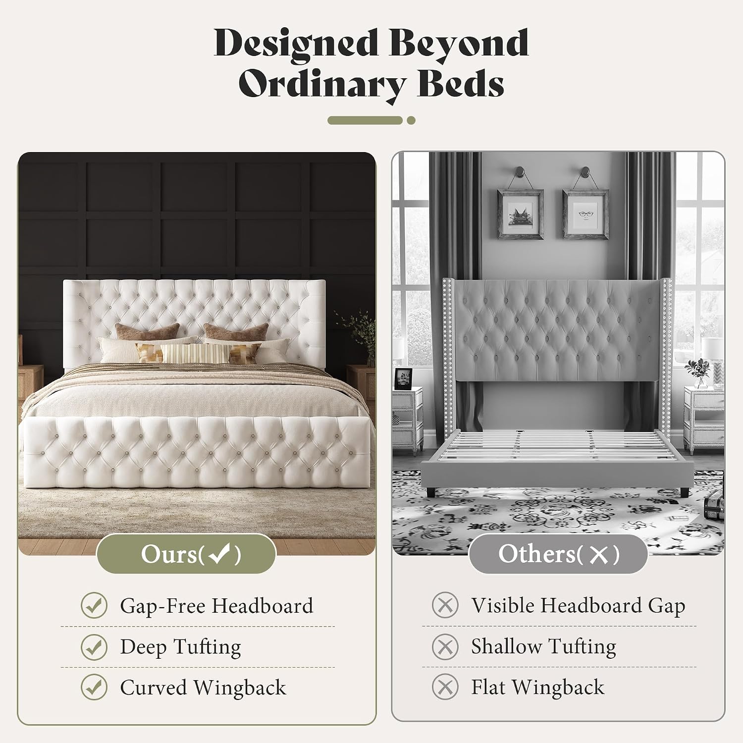 AMERLIFE Upholstered Queen Bed Frame with Wingback Headboard, Cream Velvet