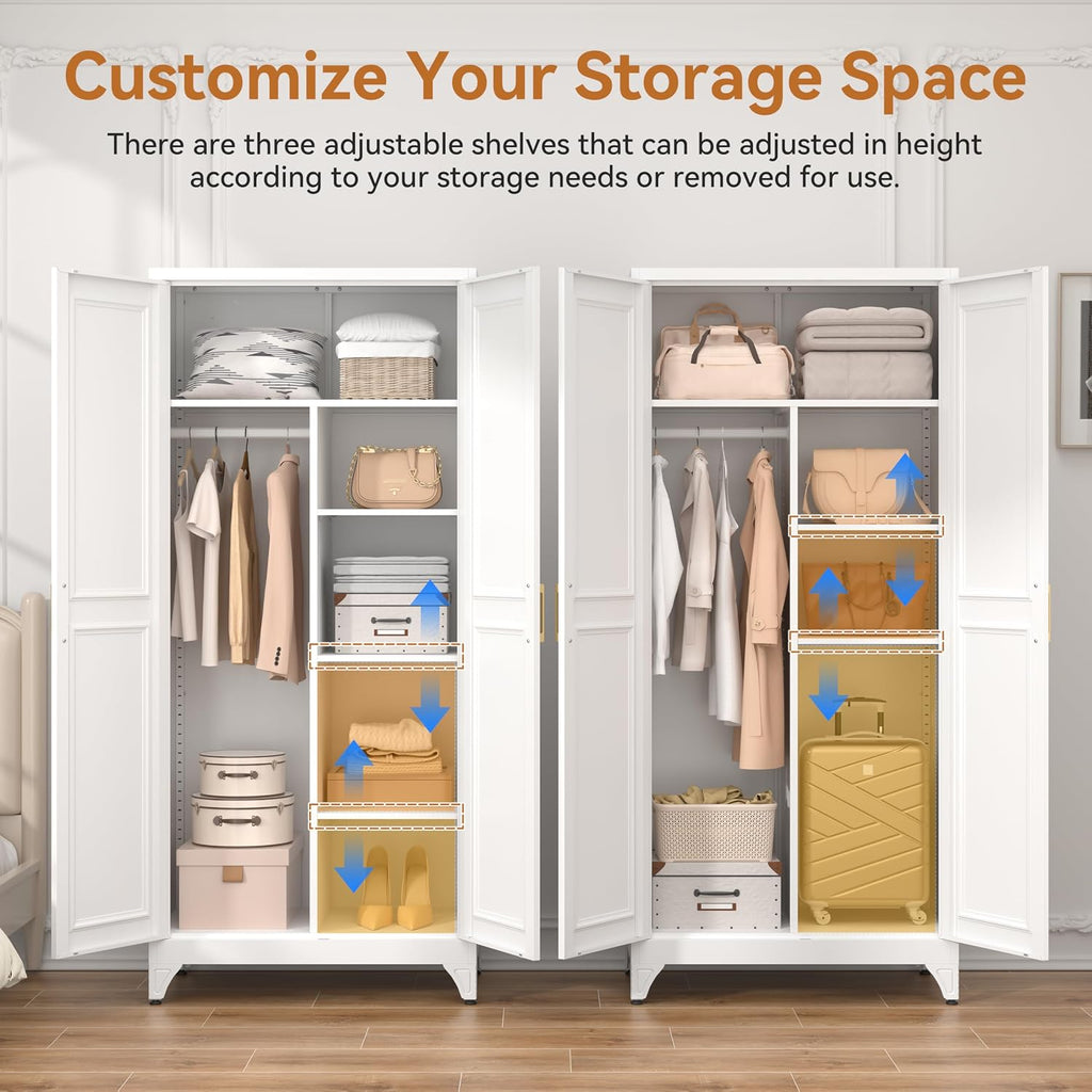 Polup Metal Armoire Wardrobe Closet, 71" Tall Wardrobe Cabinet with 2 Doors | Heavy Duty Steel Clothing Storage Cabinet with Hanging Rod & 3 Adjustable Shelves for Bedroom, Office, Broom Closet, White