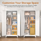 Polup Metal Armoire Wardrobe Closet, 71" Tall Wardrobe Cabinet with 2 Doors | Heavy Duty Steel Clothing Storage Cabinet with Hanging Rod & 3 Adjustable Shelves for Bedroom, Office, Broom Closet, White