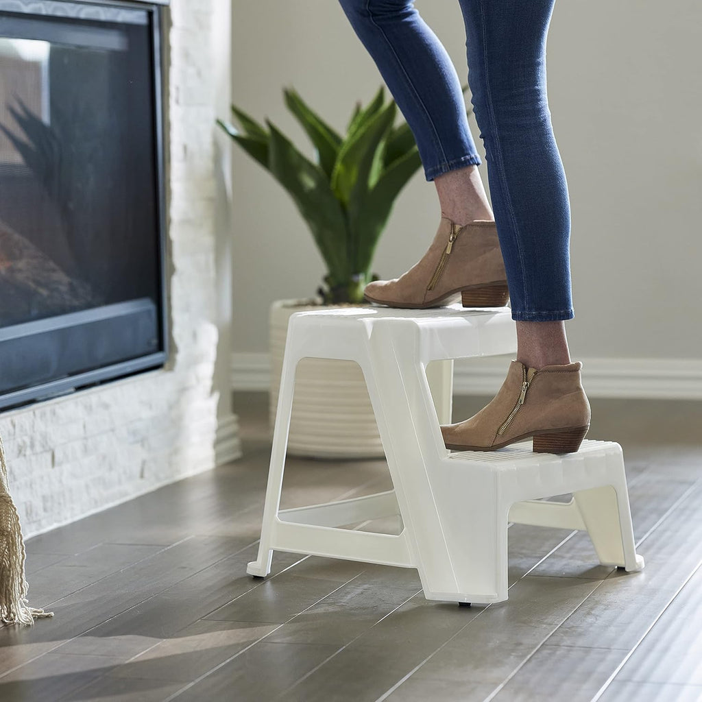 Gracious Living 2-Step Plastic Stool, 300 Lb Capacity, White | Portable Step Stool for Dorm, Home, Classroom & Office, 18"L x 18.75"W x 16"H